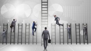 Business people climbing ladders, trying to jump for the main ladder