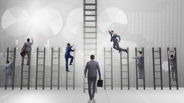 Business people climbing ladders, trying to jump for the main ladder